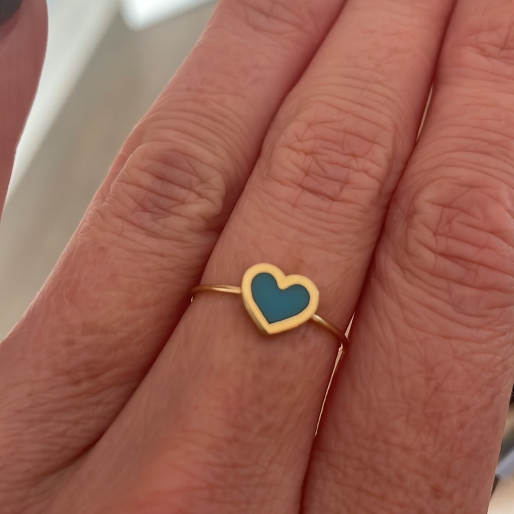 Jennifer Meyer 18k Extra Small Inlay Heart Ring, Turquoise, Size 6.5 - Picture 3 of 4